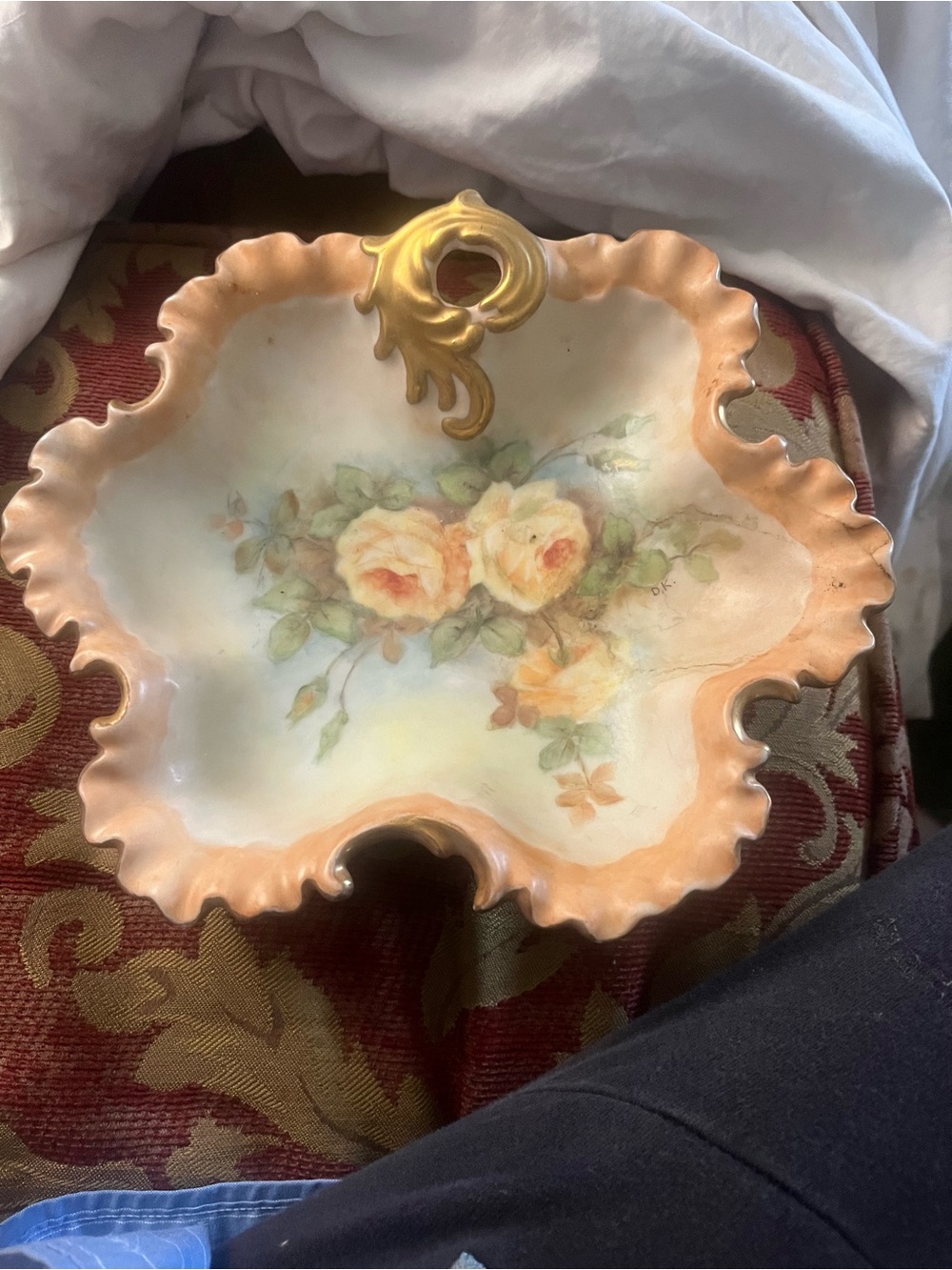 Hand-Painted Floral Porcelain vintage large candy dish with Gold Accent